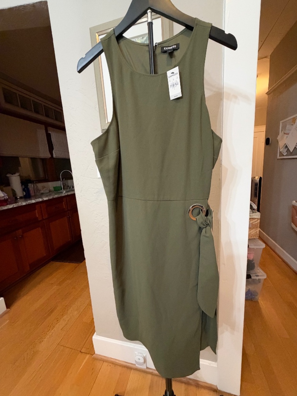 NWT Express Olive Green Grommet Side Tie Asymmetric Sheath Dress Size L